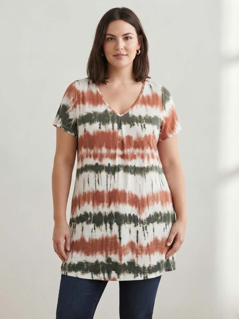 Tie Dye Striped V-Neck Short Sleeve Top Rust Green Light Grey Size M